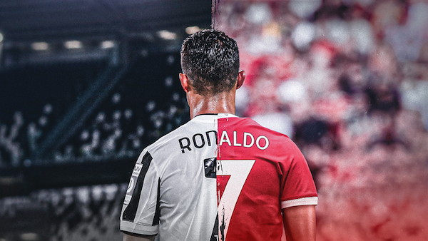 cristiano ronaldo man u - split shot of ronaldo in a juventus top and man u top walking out onto the field