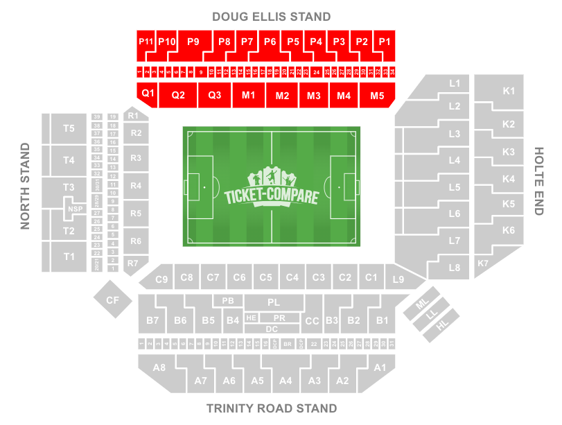 screenshot of Villa Park stadium seating plan with highlighted the Doug Ellis Stand