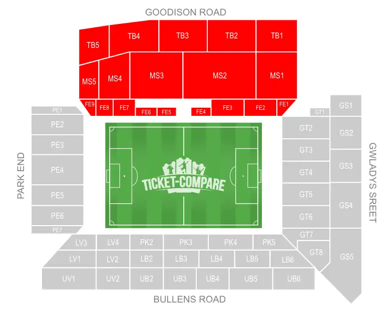 Goodison Road Stand (Main Stand) at Goodison Park highligted