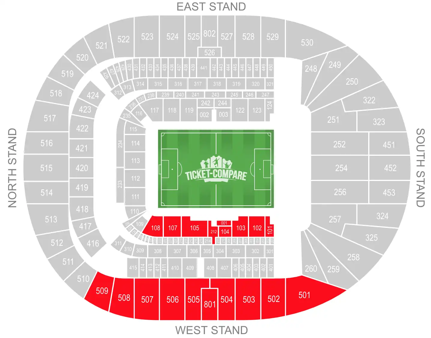 Tottenham Hotspur Stadium Seating Plan with highlighted the West Stand