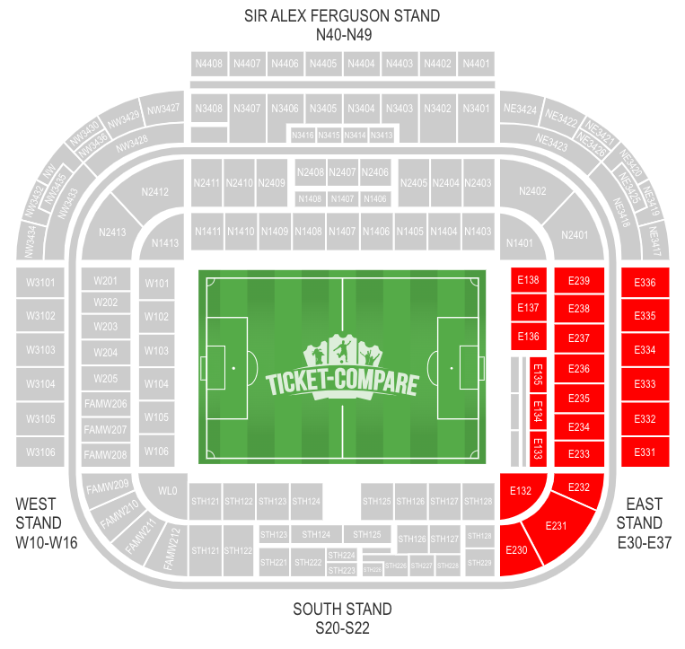 Old Trafford seating plan with East Stand highlighted
