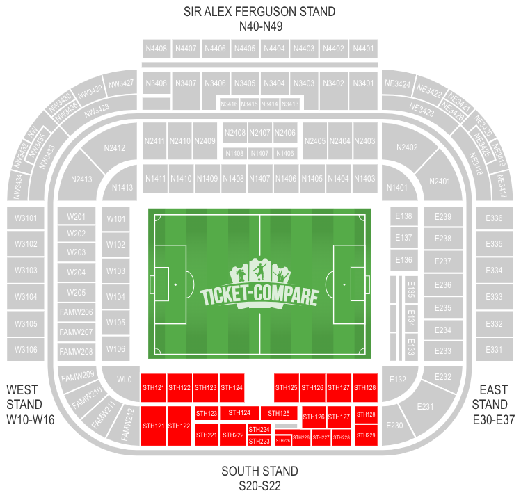 Old Trafford seating plan with South Stand highlighted