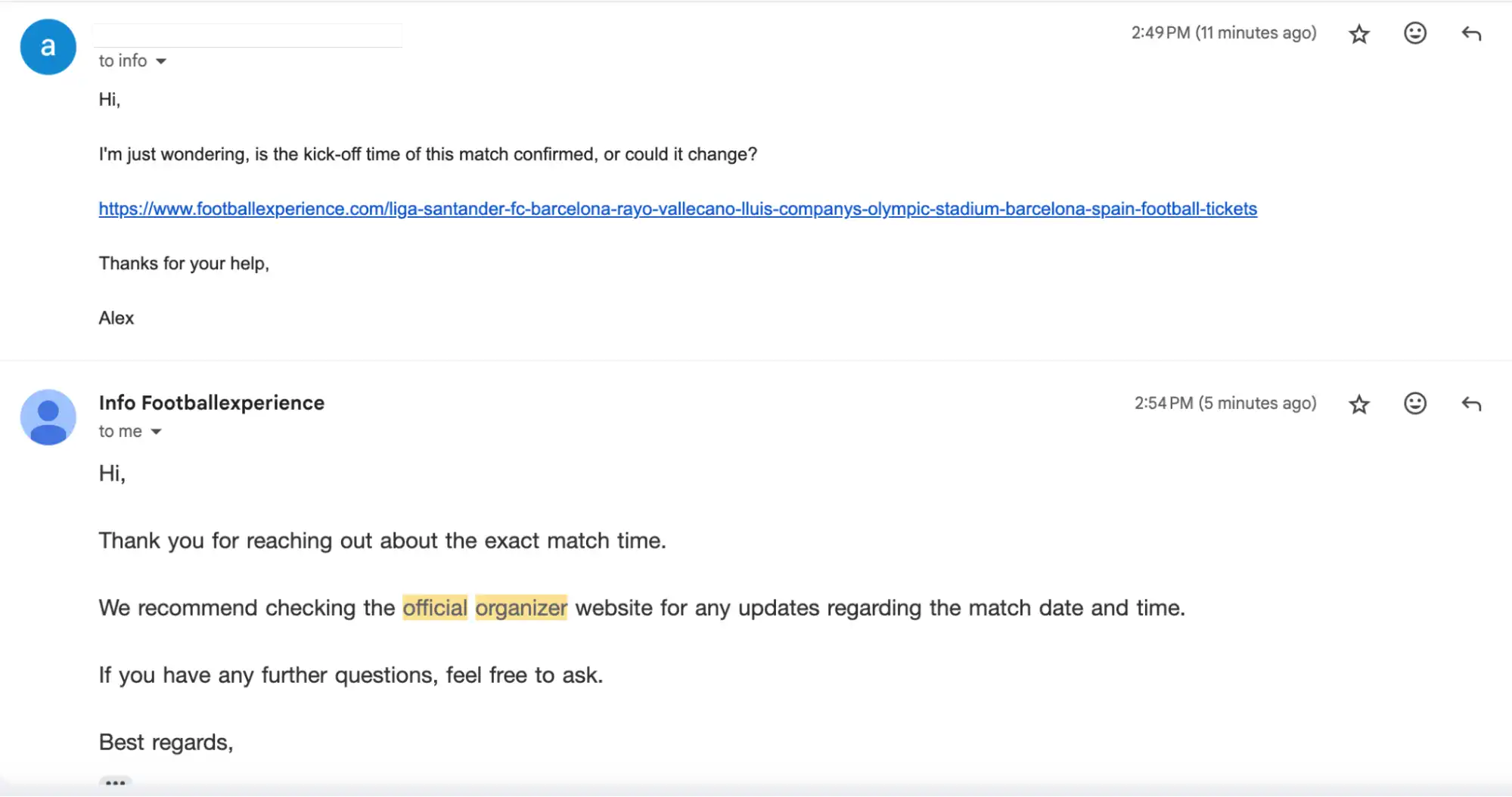 Screenshot of email conversation