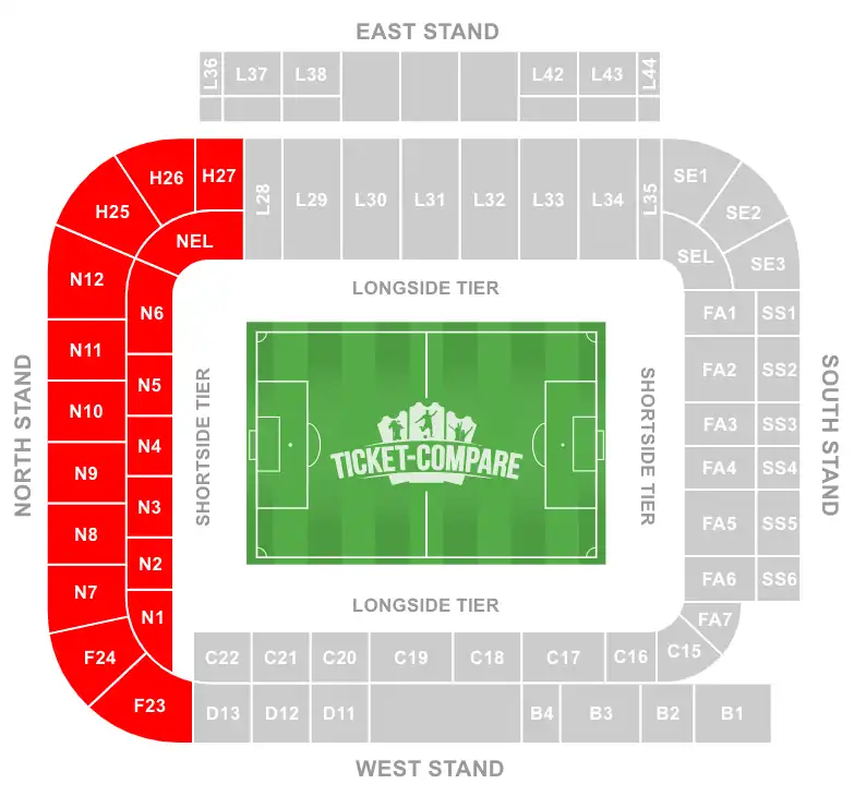 Elland Road Stadium Seating Plan with North Stand highlighted