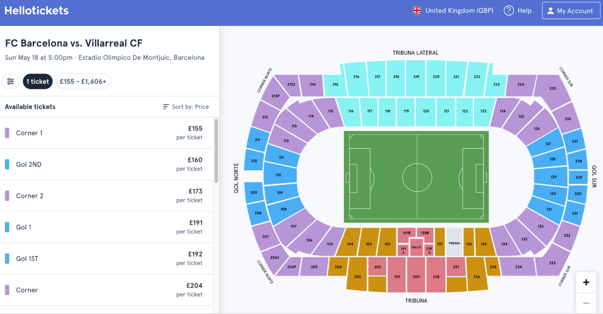 screenshot of FC Barcelona vs. Villarreal CF tickets available seats