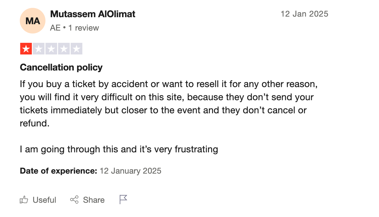 screenshot of Hellotickets negative review on Trustpilot