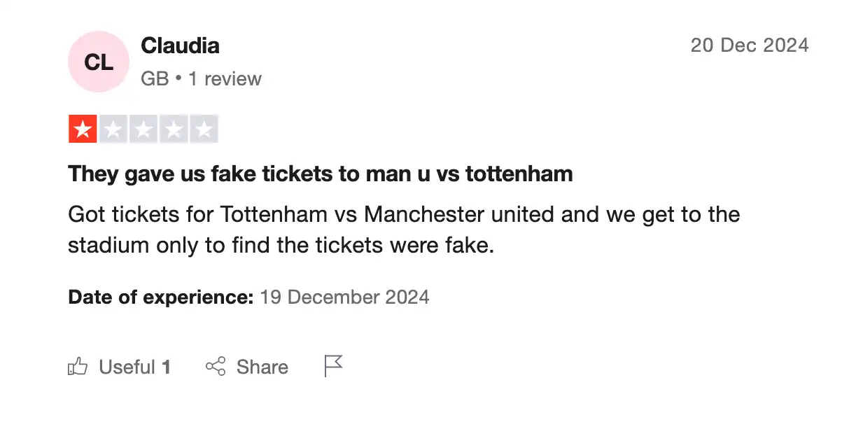 screenshot of negative Ticketgum Review on the Trustpilot