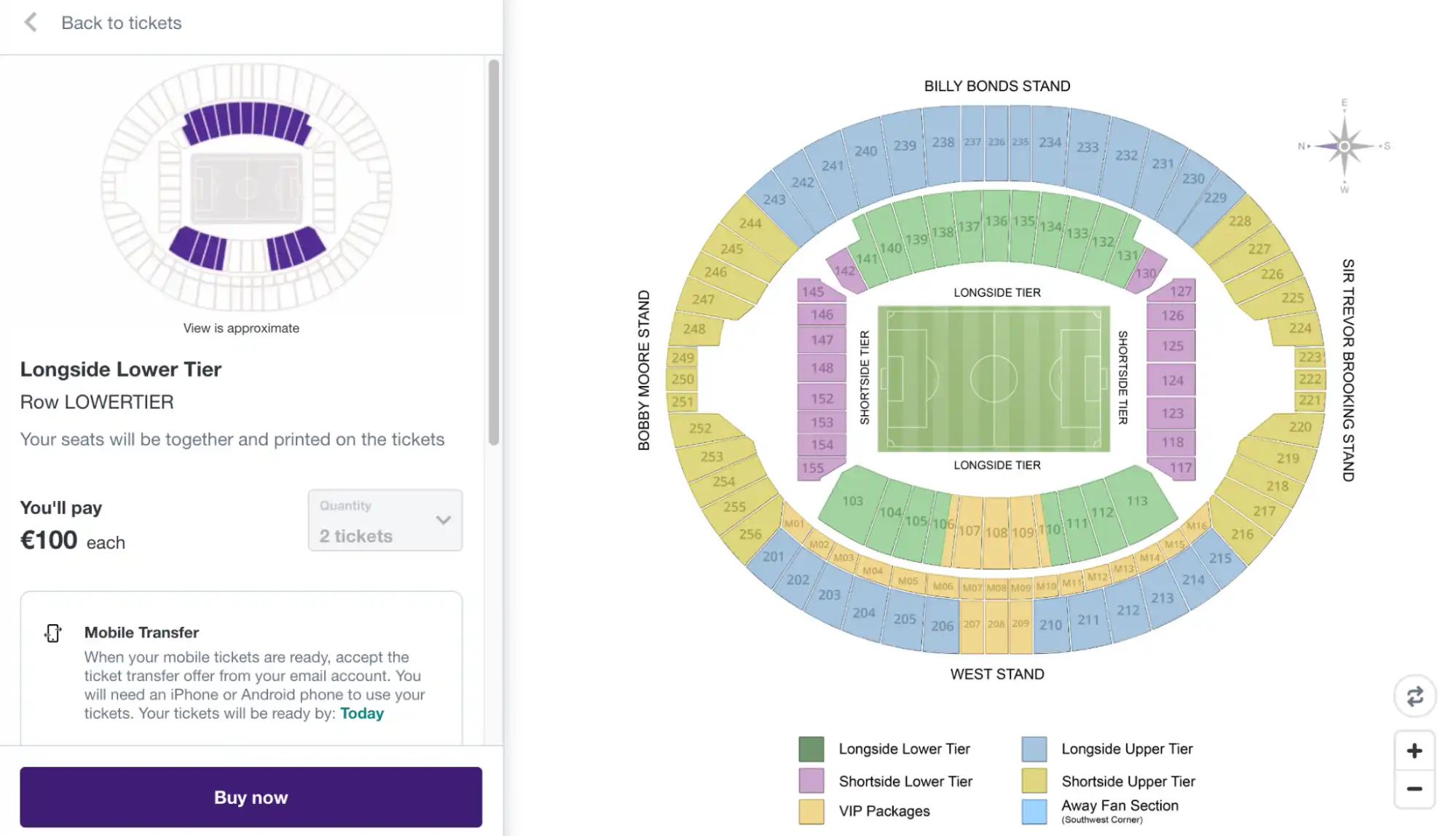 screenshot of Arsenal vs Bournemouth Longside Lower Tier ticket price on the Stubhub website