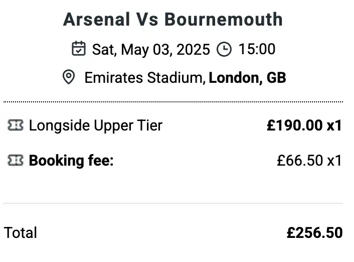 screenshot of Arsenal vs Bournemouth ticket price on Ticketgum website