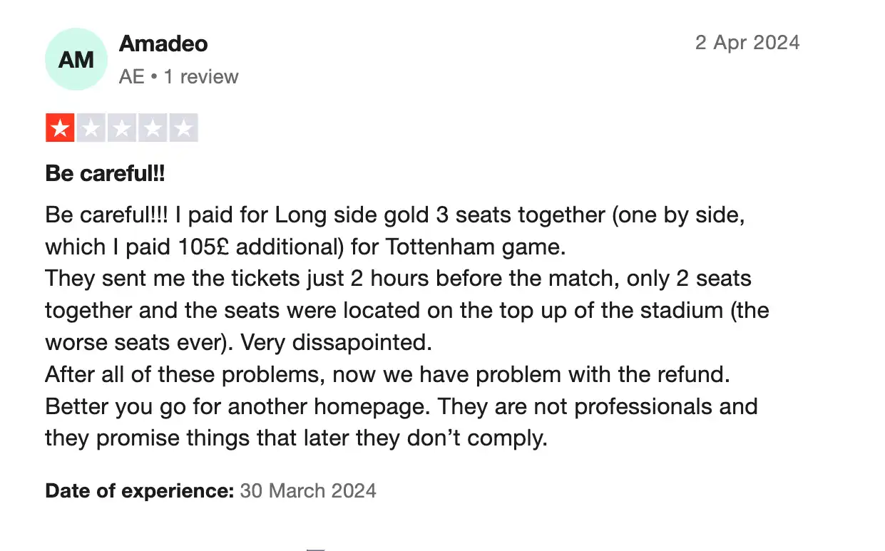 screenshot of negative Ticketgum Review on the Trustpilot
