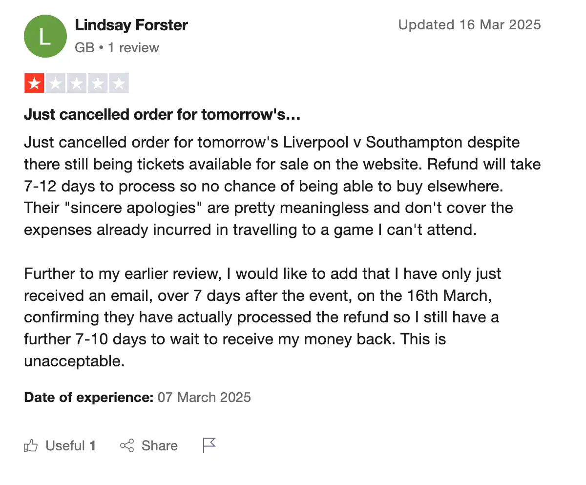 screenshot of negative Ticketgum Review on the Trustpilot