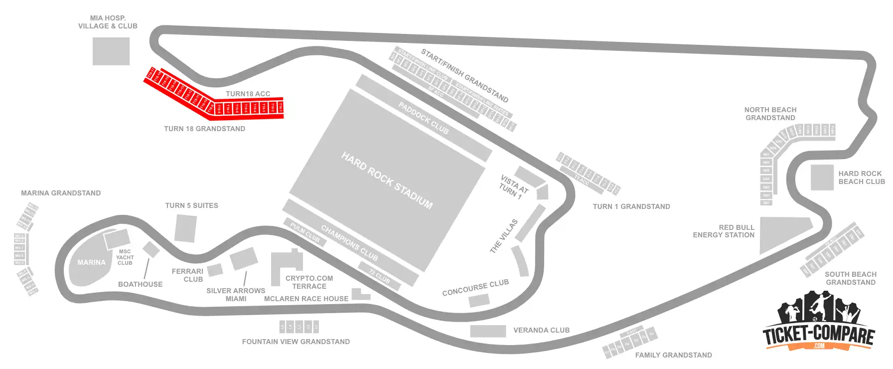 Miami Gardens circuit seating plan with South Beach and Turn 18 Grandstands highlighted