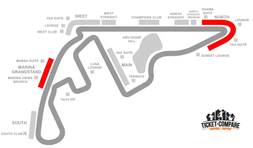 Screenshot of Yas Marina Circuit seating plan with North and Marina GrandStands highlighted