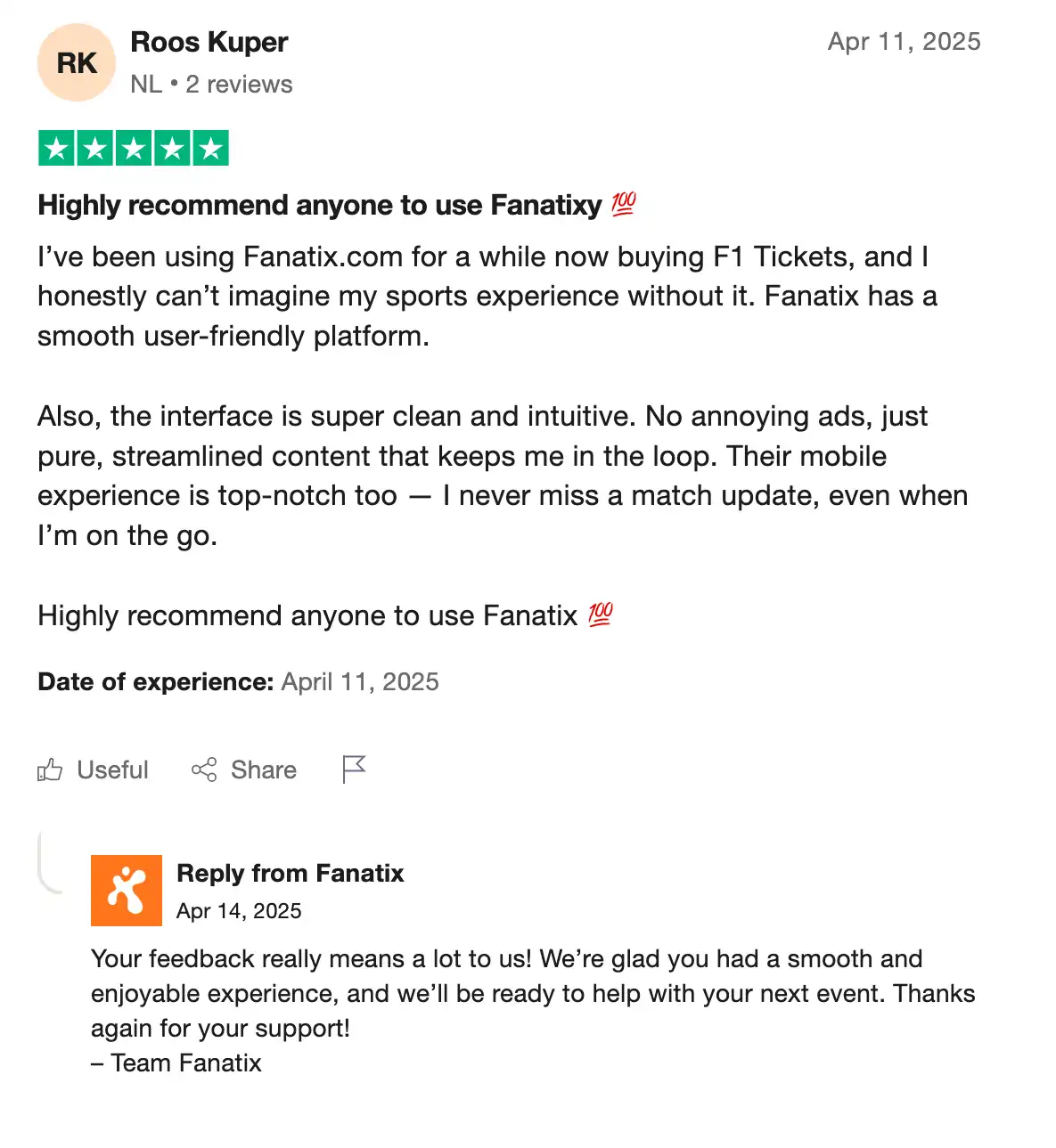 screenshot of the Fanatix's page on Trustpilot