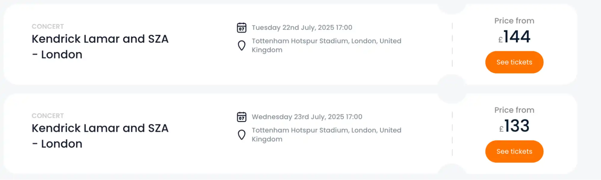 screenshot of Concert tickets