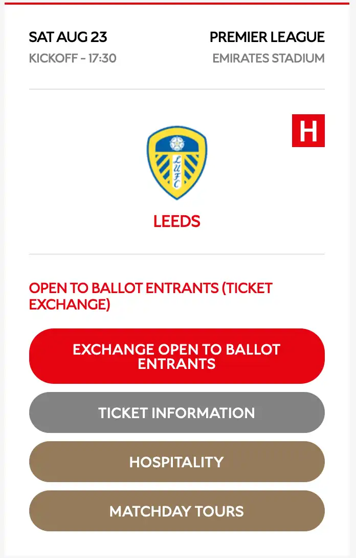 Screenshot of a Premier League match listing for Arsenal vs Leeds at Emirates Stadium