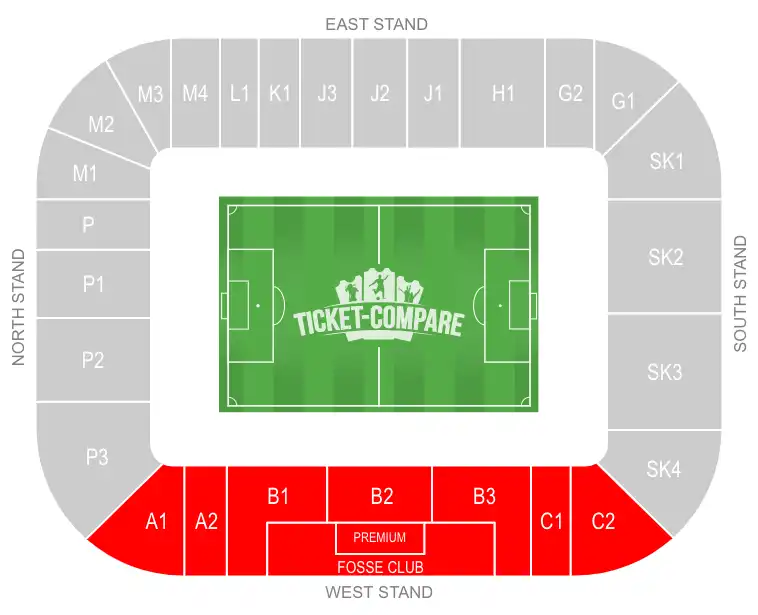 King Power Stadium Seating plan with West Stand highlighted