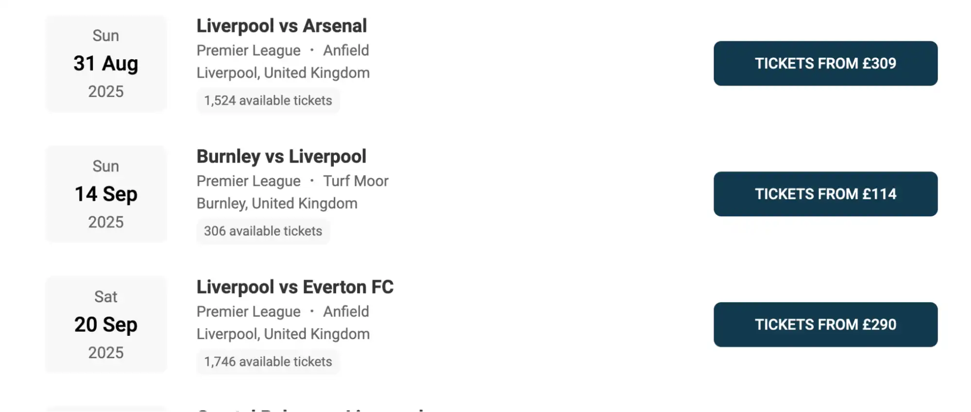 screenshot of Liverpool Fixtures