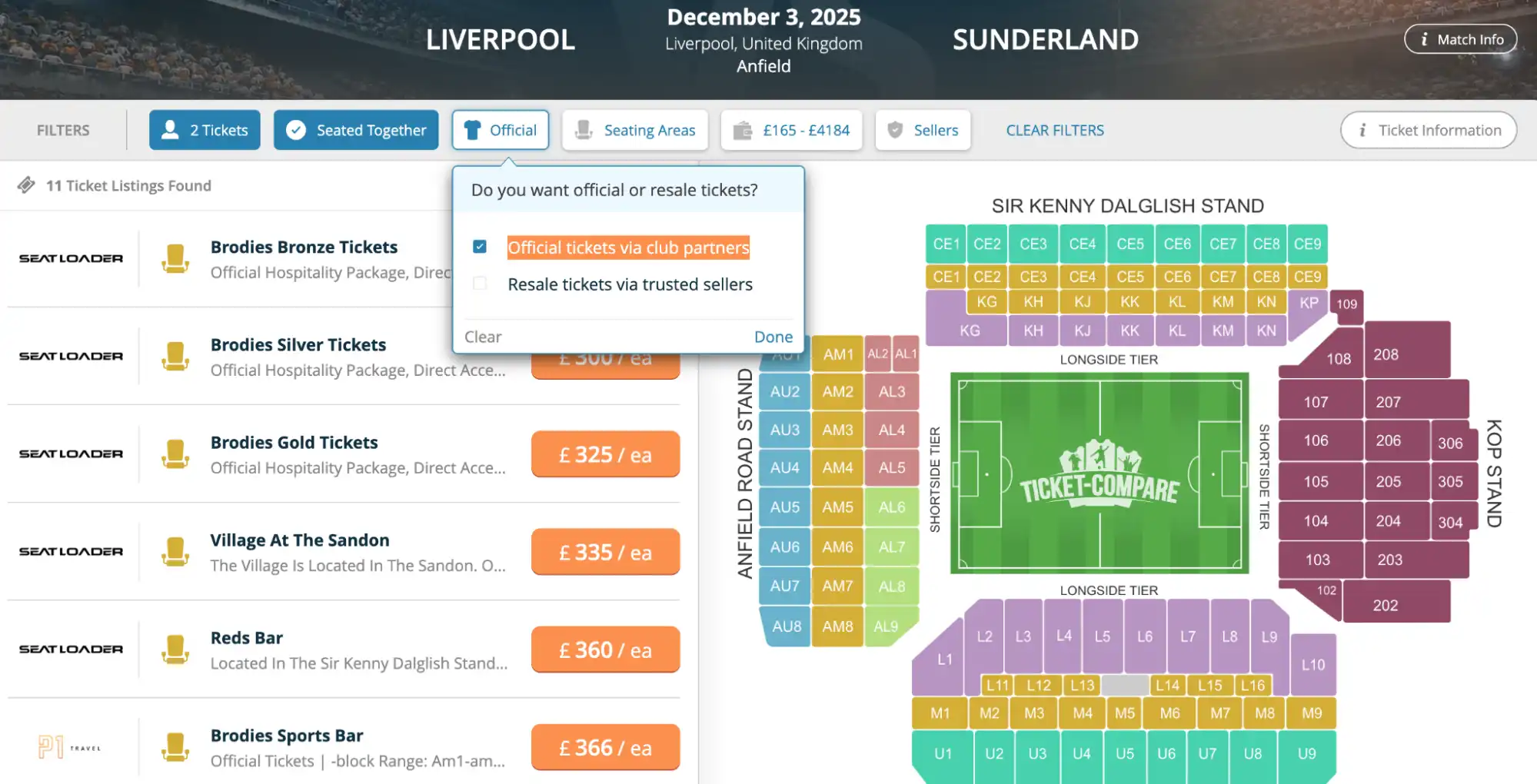 screenshot of Official or Resale tickets option