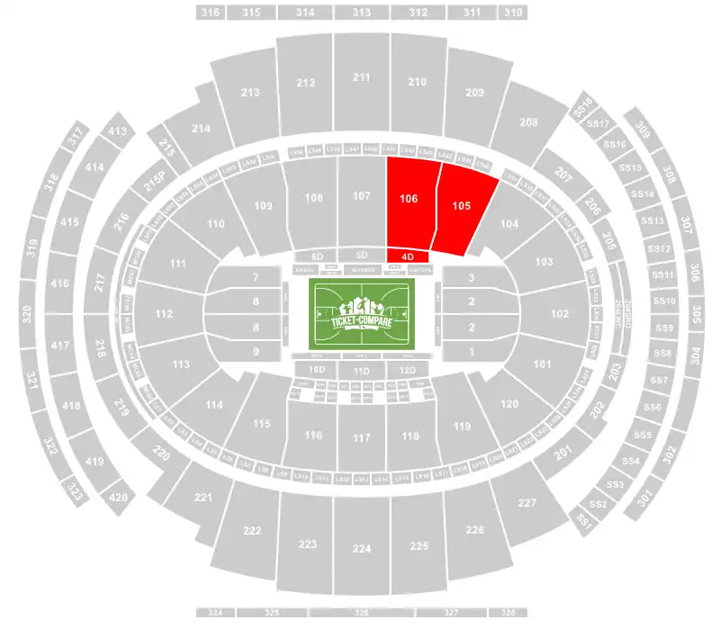 ScreenShot of adison Square Garden - NY Seating Chart with Blocks 105, 106, 4D highlighted