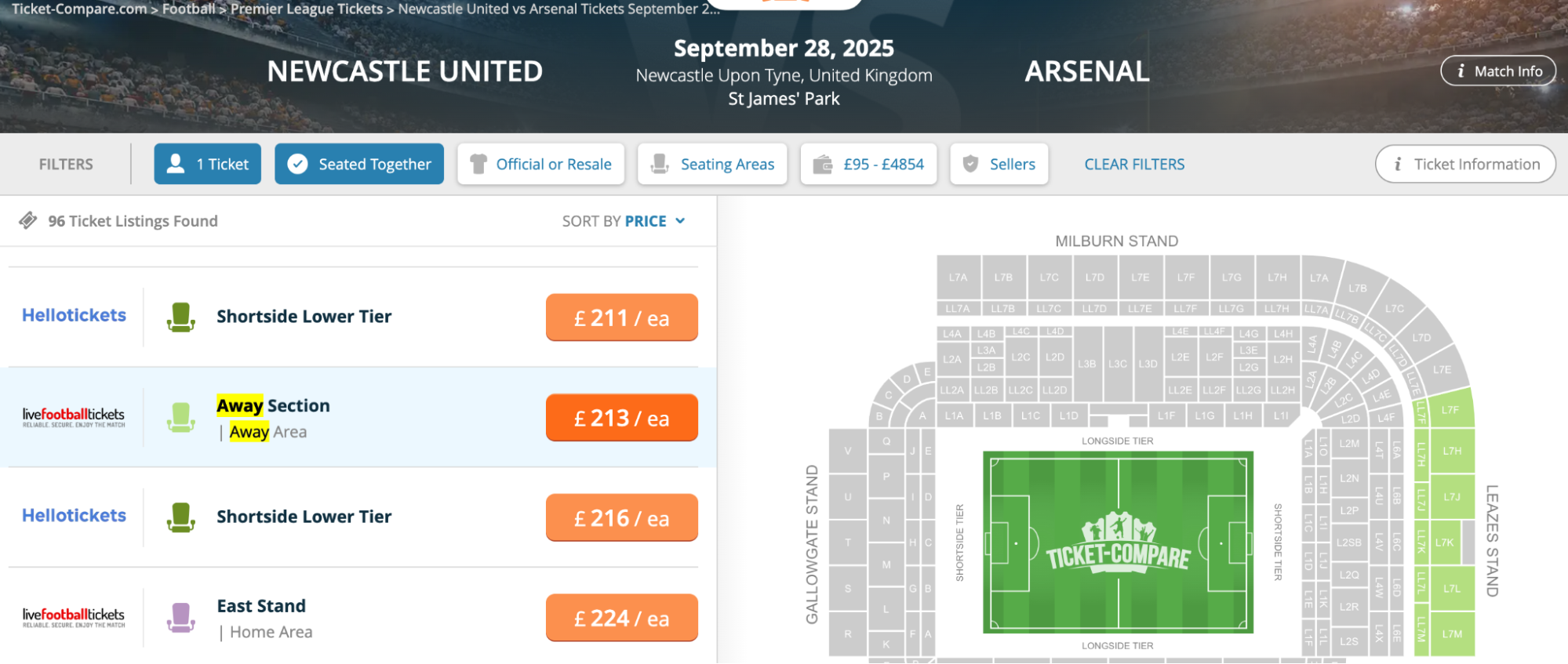 Screenshot of Newcastle vs Arsenal football tickets on Ticket-Compare website