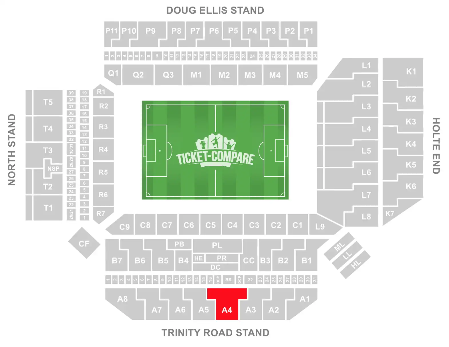 Screenshot of Villa Park Stadium Seating plan with the A4 Block highlighted