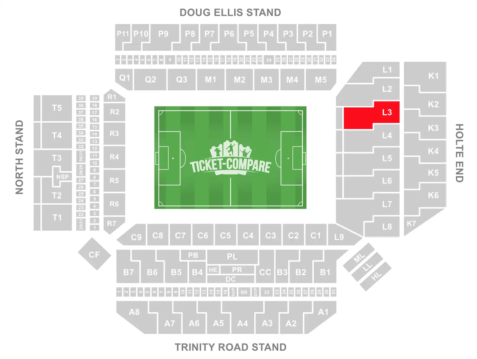 Screenshot of Villa Park Stadium Seating plan with the L3 Block highlighted