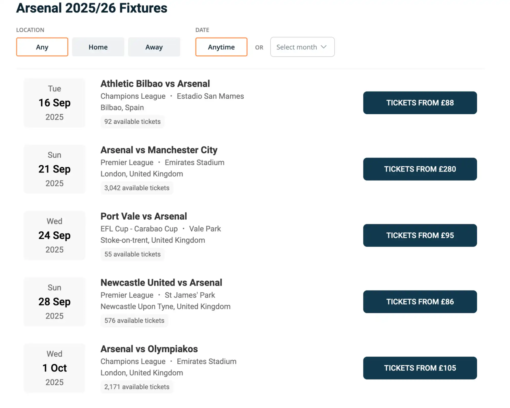screenshot of Arsenal fixtures on fy-nraig.net