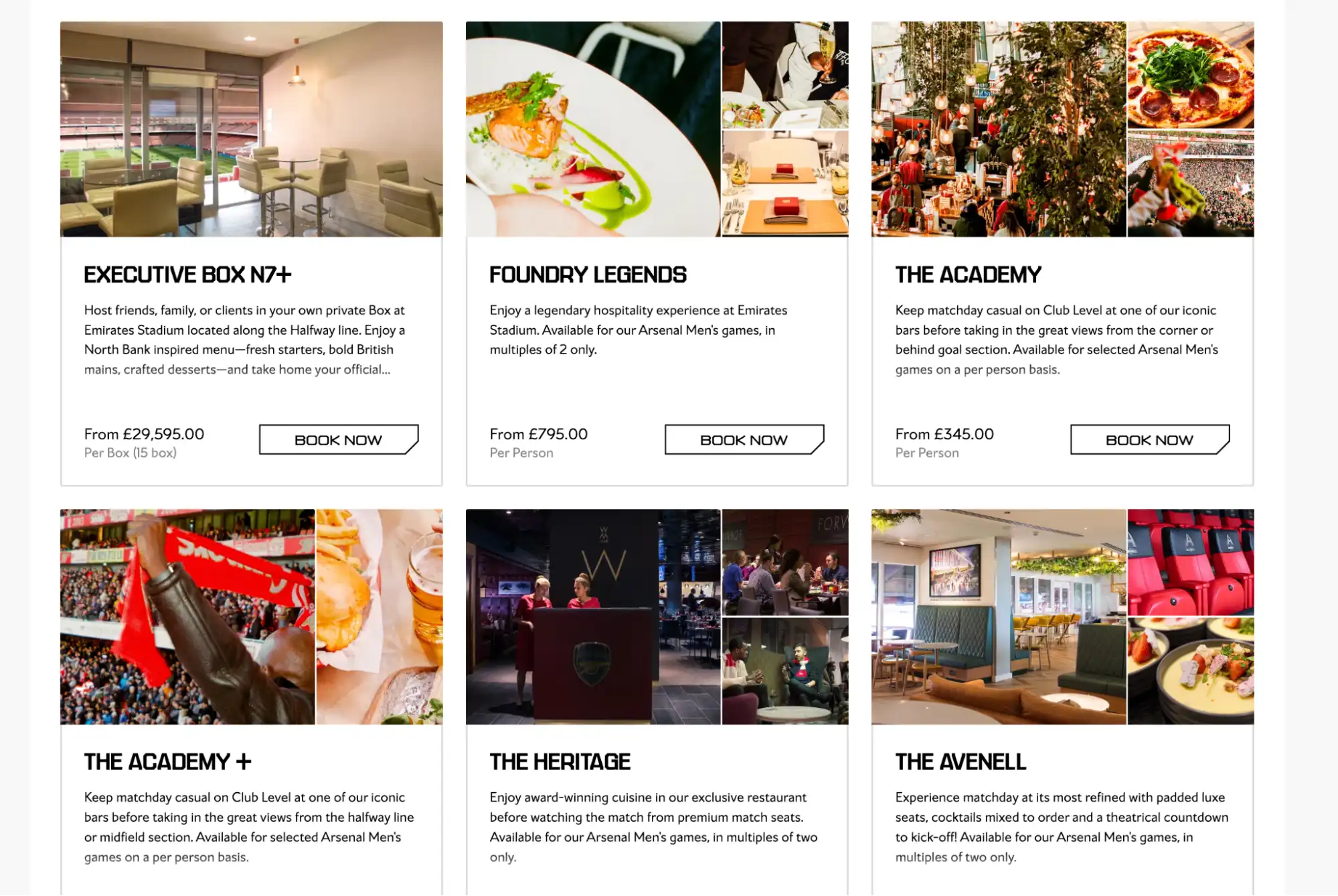 screenshot of Arsenal’s wide choice of Hospitality options