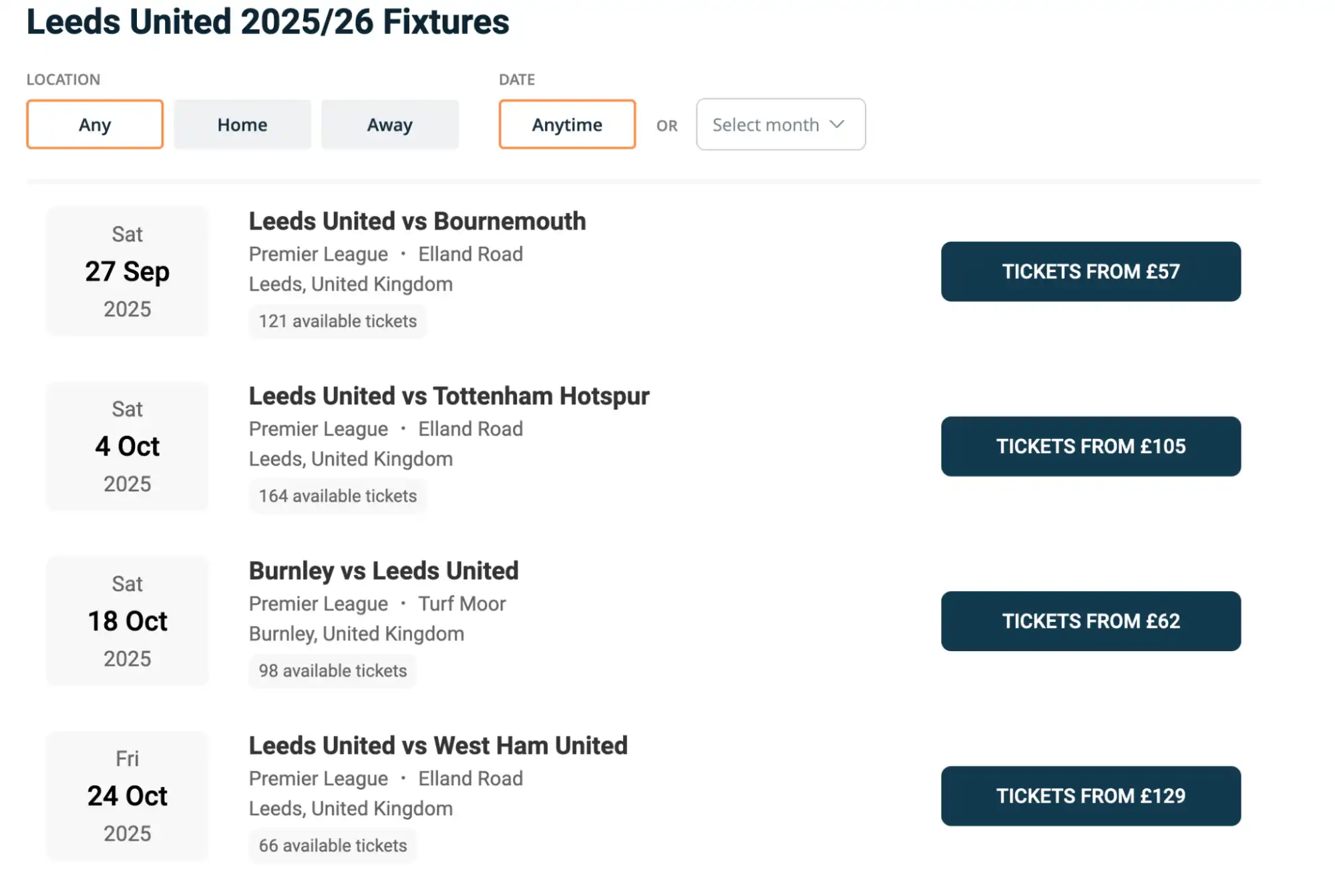 screenshot of Leeds United fixtures list on fy-nraig.net