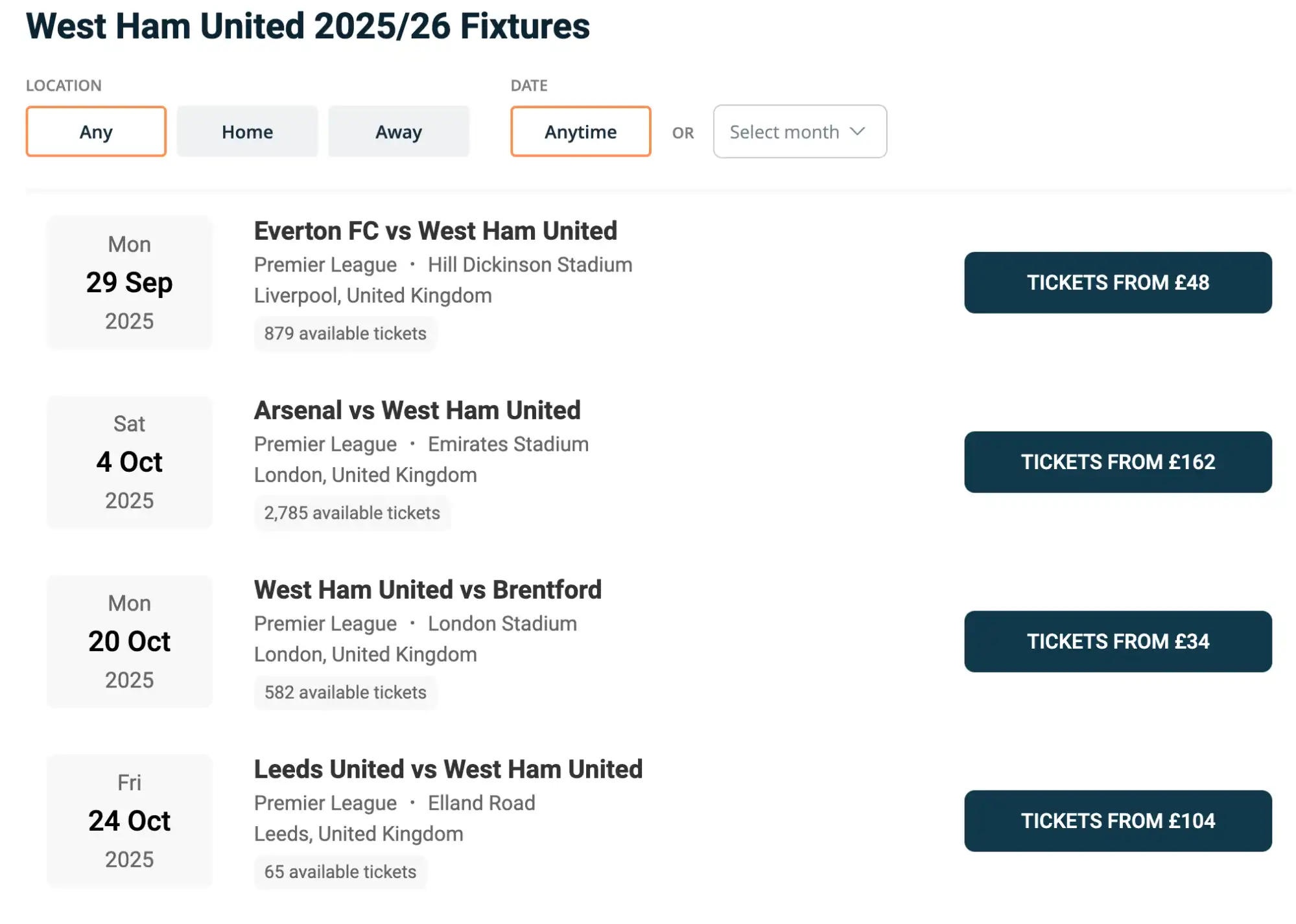 screenshot of West Ham United fixtures on fy-nraig.net