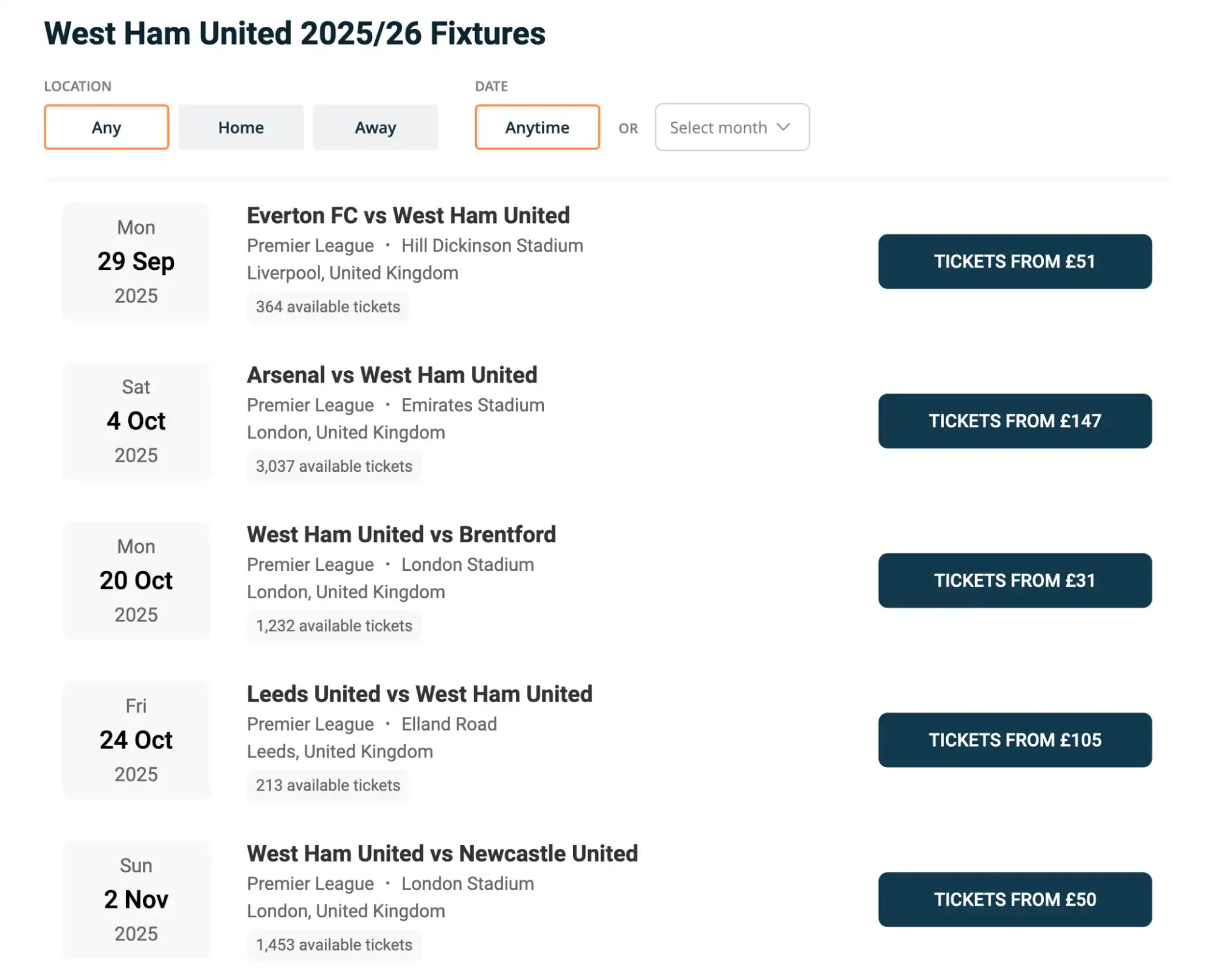 screenshot of West Ham United fixtures on fy-nraig.net