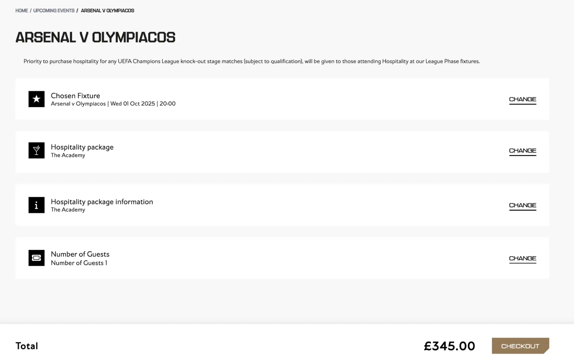 Screenshot of package details of Arsenal v Olympiacos match