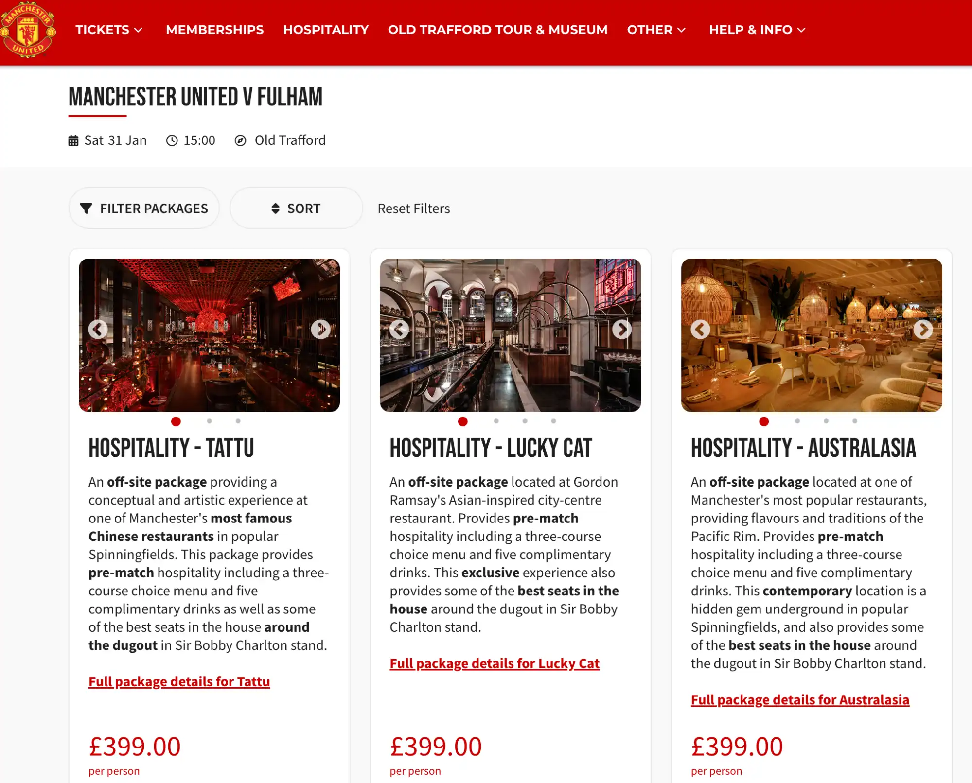 screenshot of packages of match tickets