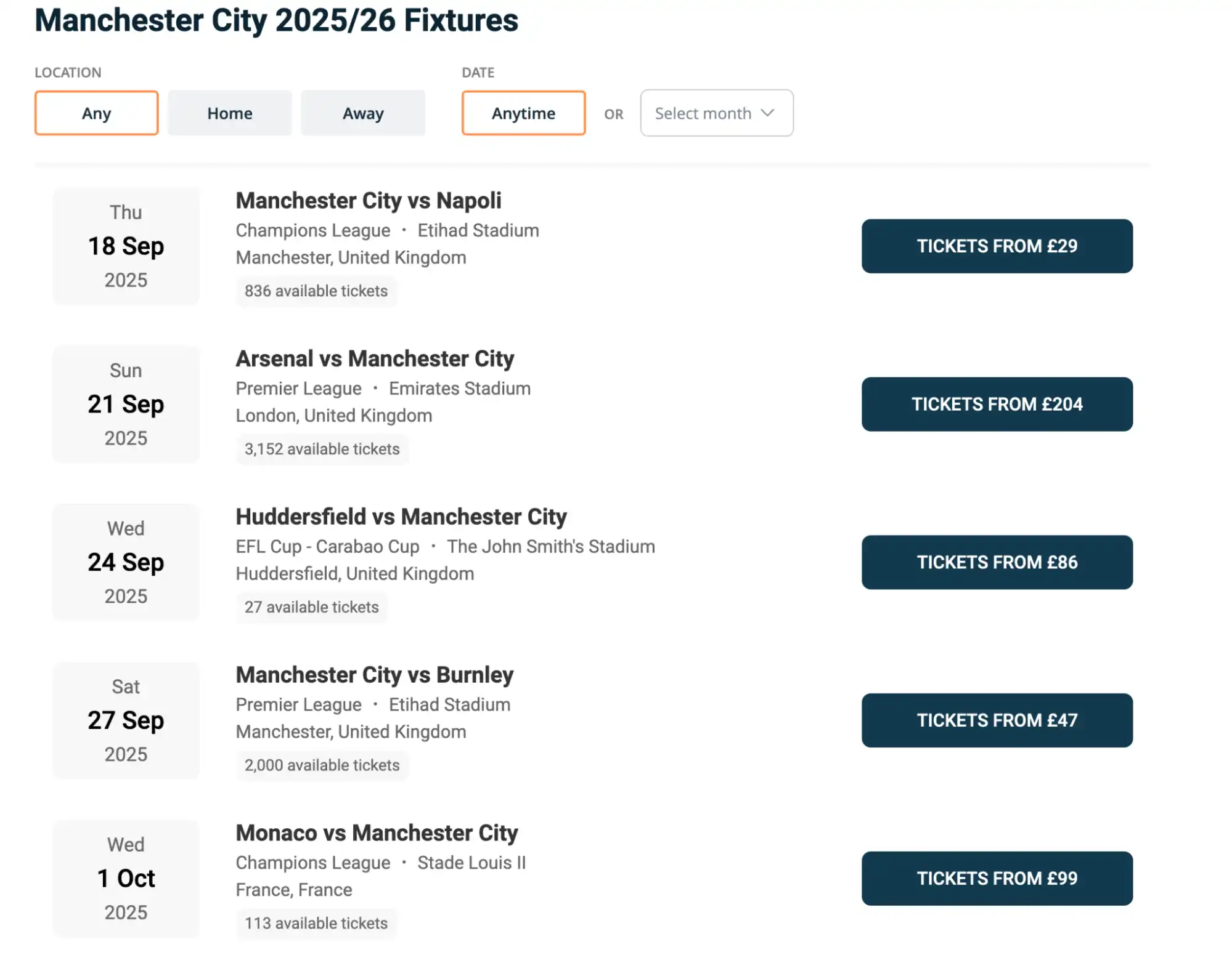 screenshot of Manchester City fixtures on fy-nraig.net