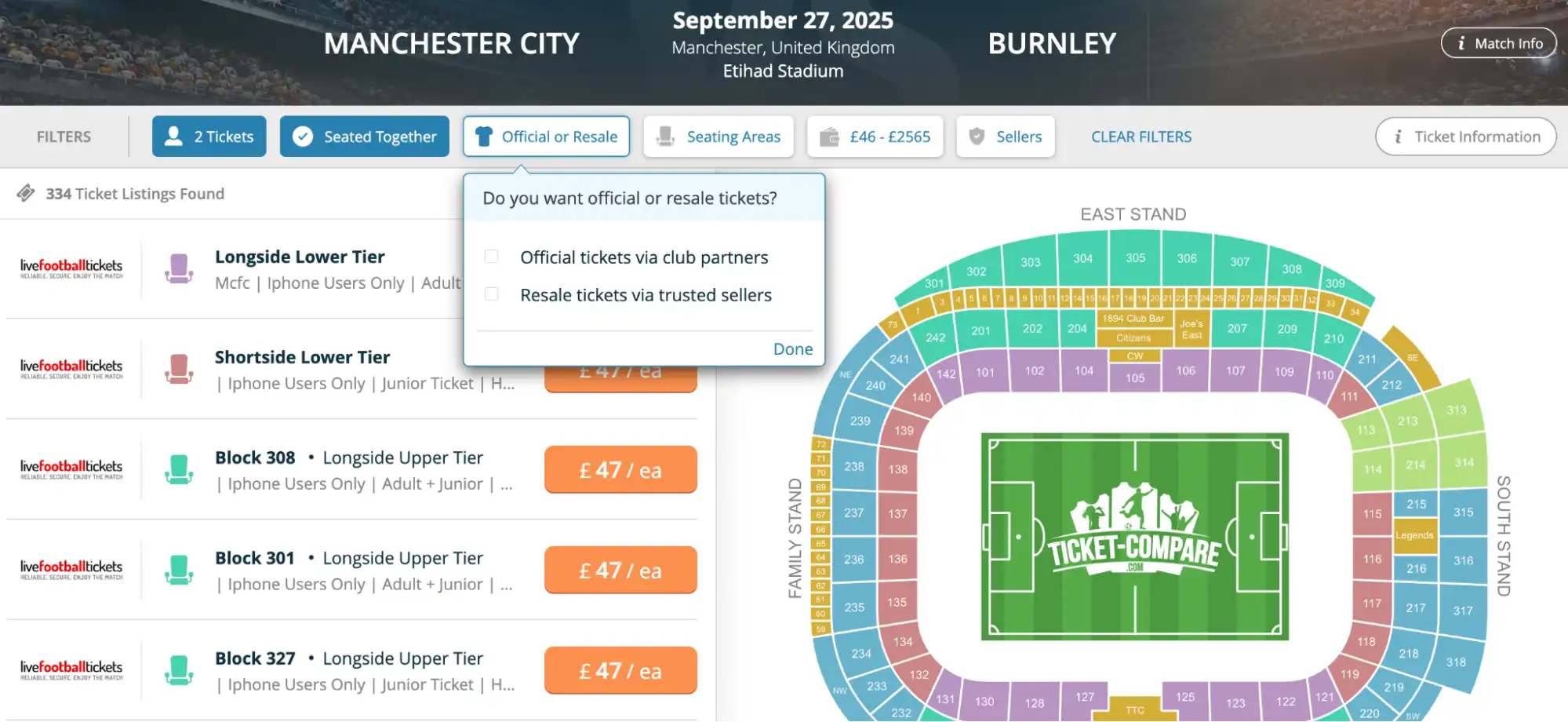 screenshot of official:resale tickets toggle