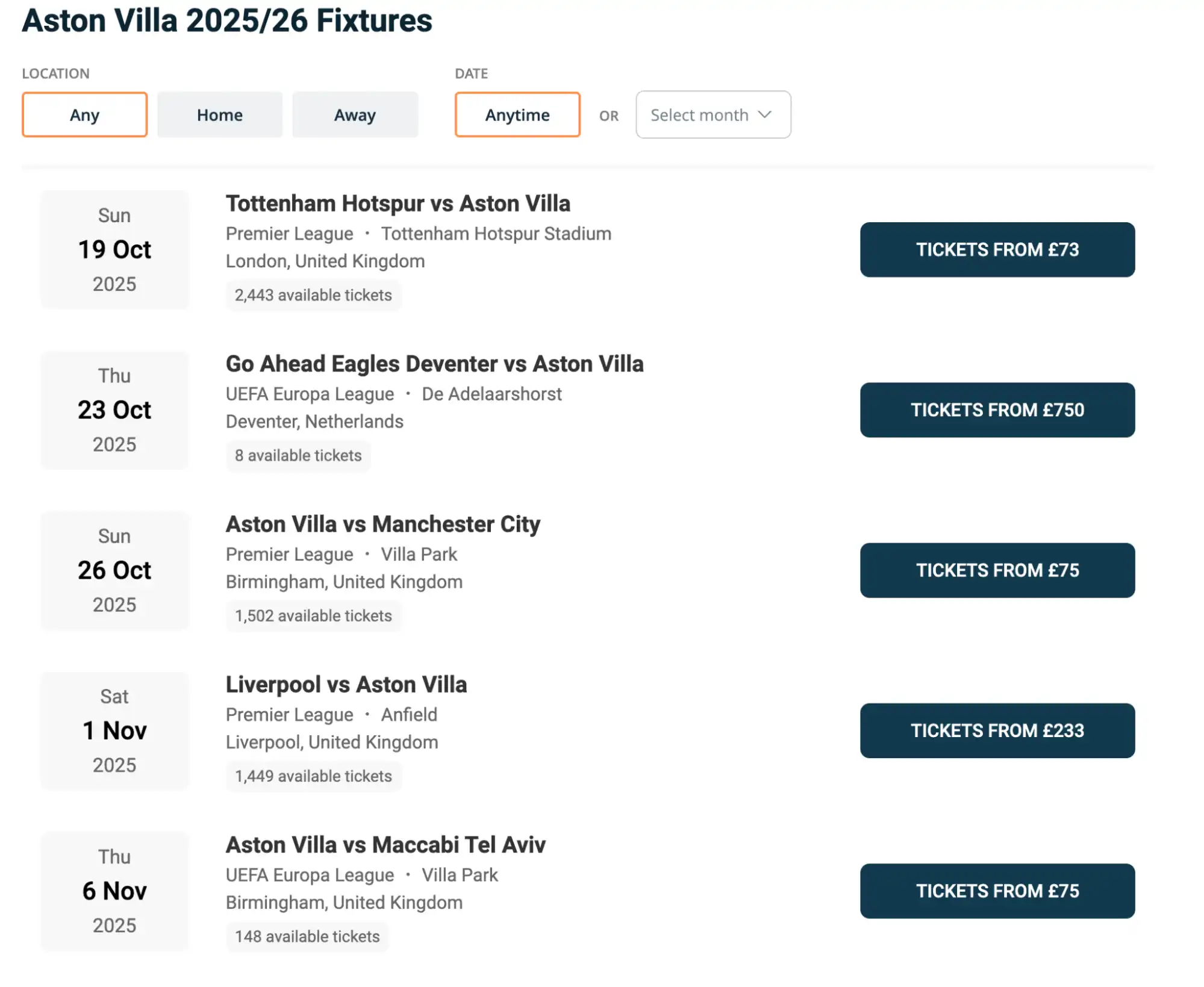 screenshot of Aston Villa Fixtures on fy-nraig.net