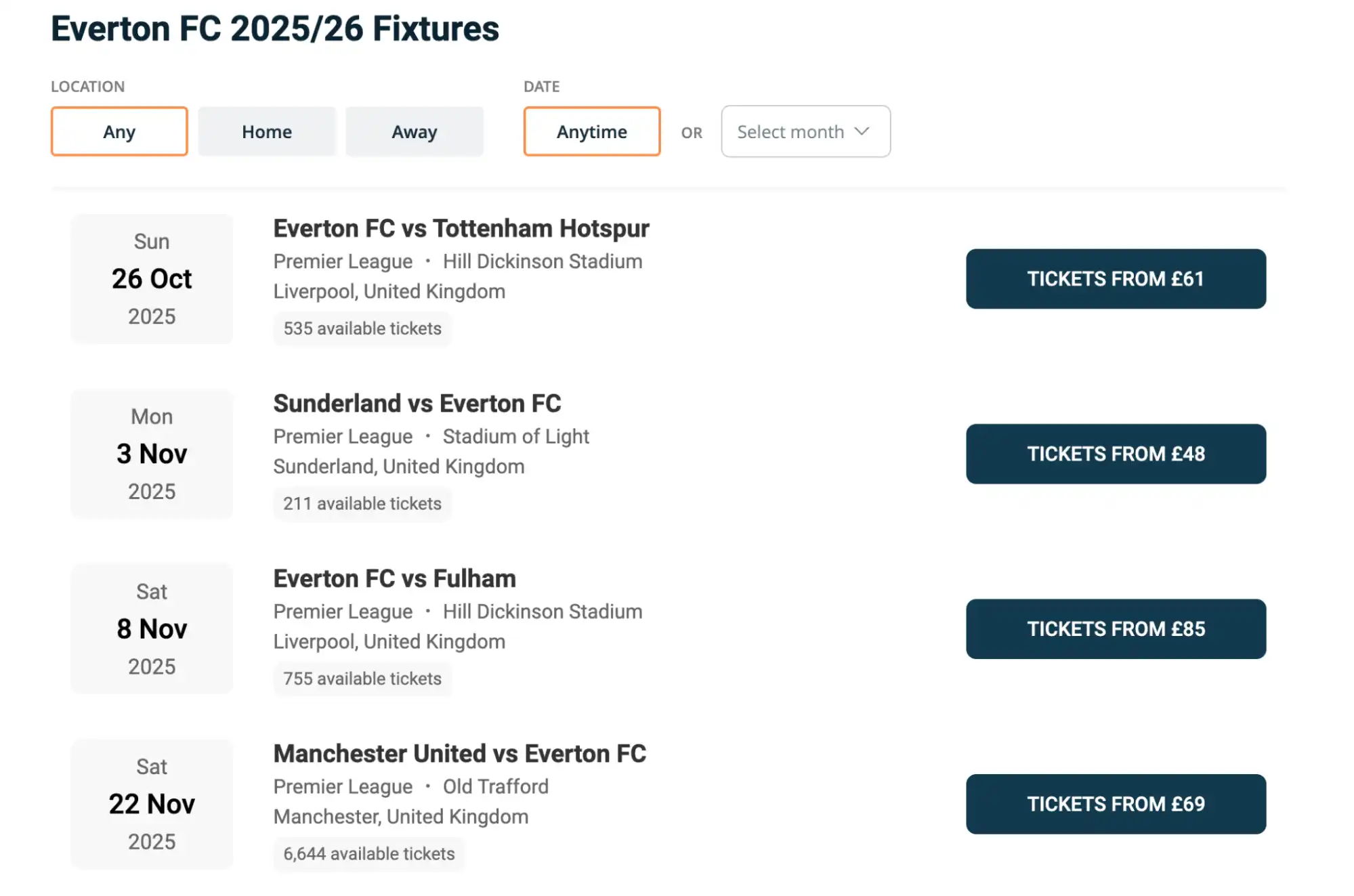 screenshot of Everton FC Fixtures on fy-nraig.net