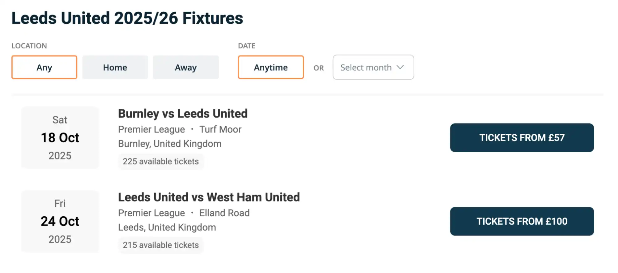 screenshot of Leeds United Fixtures on fy-nraig.net