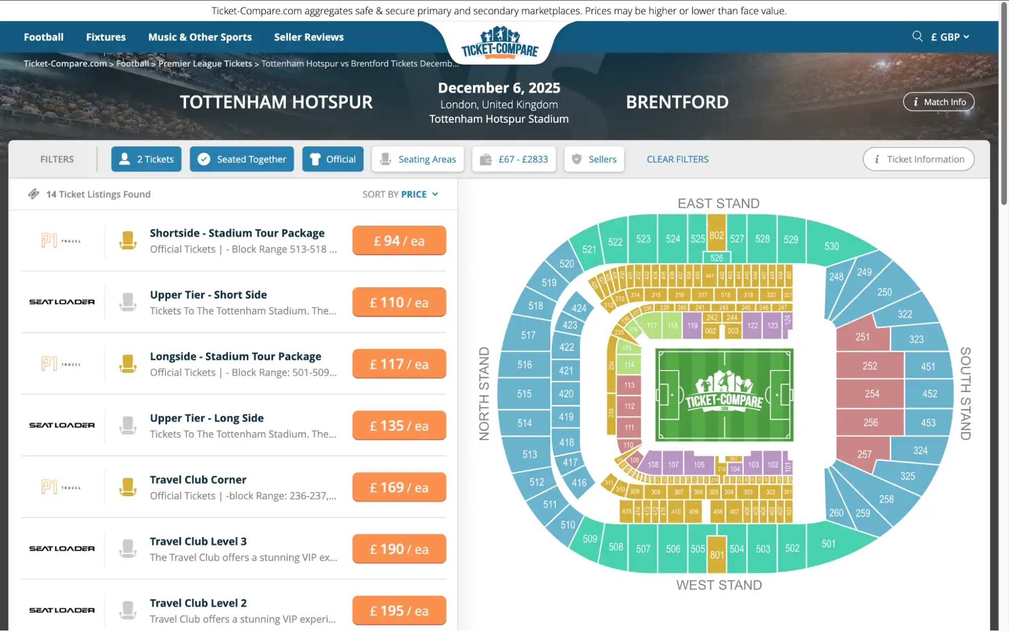 screenshot of Tottenham Hotspur vs Brentford tickets on fy-nraig.net website