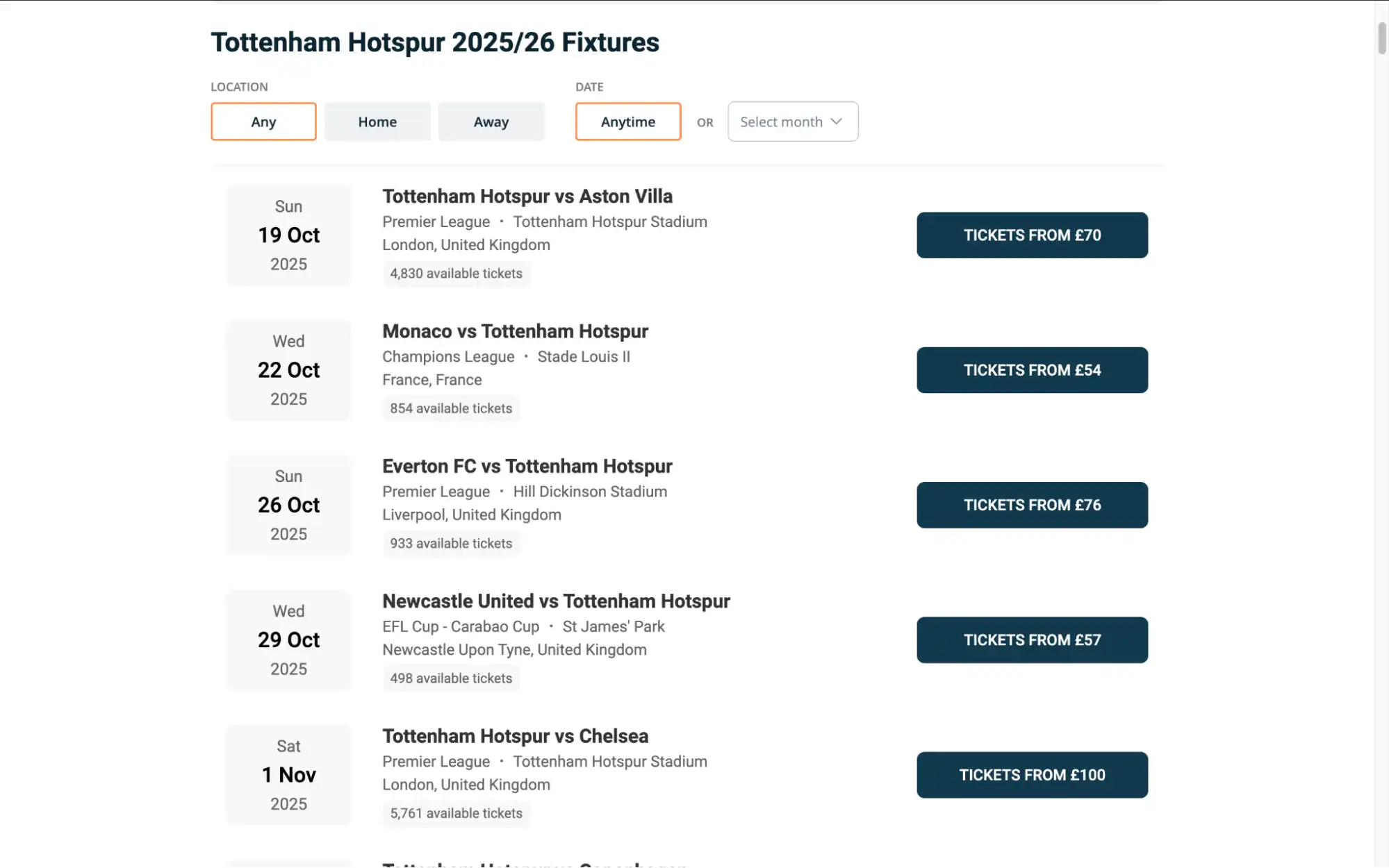 screenshot of Tottenham Hotspur fixtures on fy-nraig.net