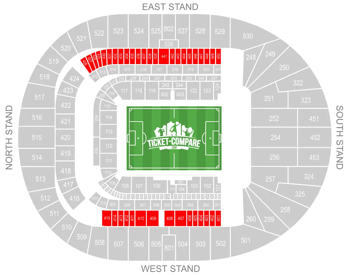 screenshot of Tottenham Hotspur Stadium seating plan with East and West Stand highlighted