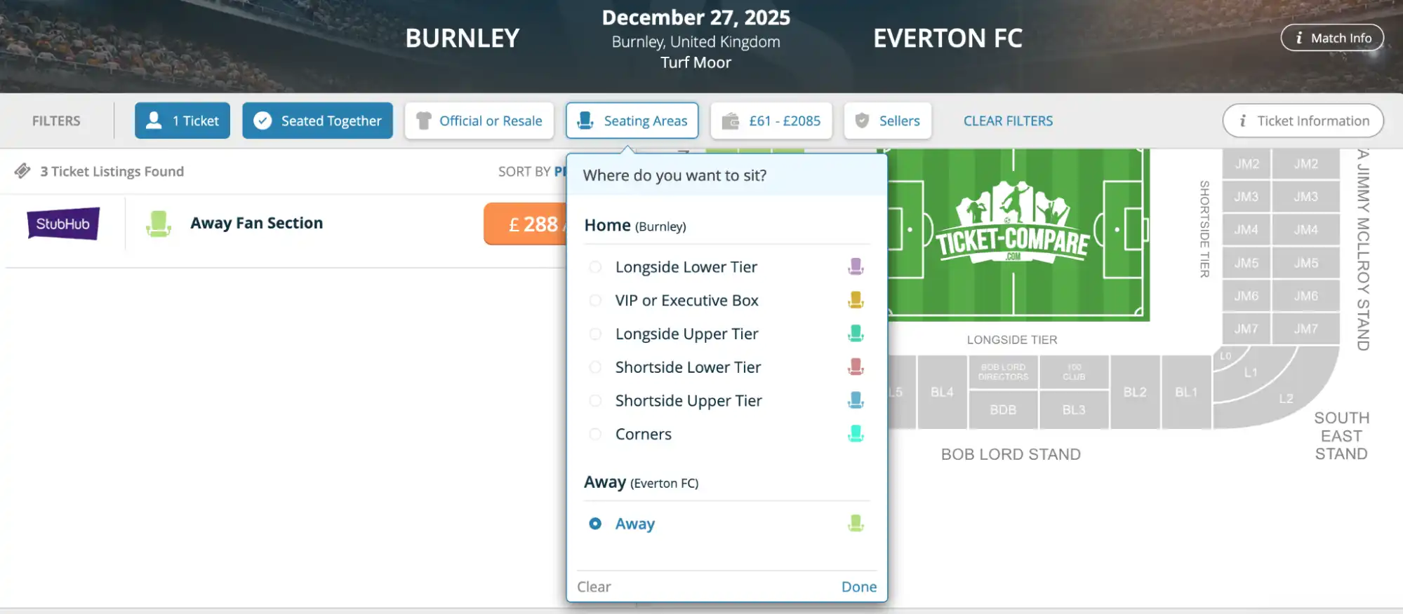 screenshot of Home and Away filter on Burnley VS Everton tickets page