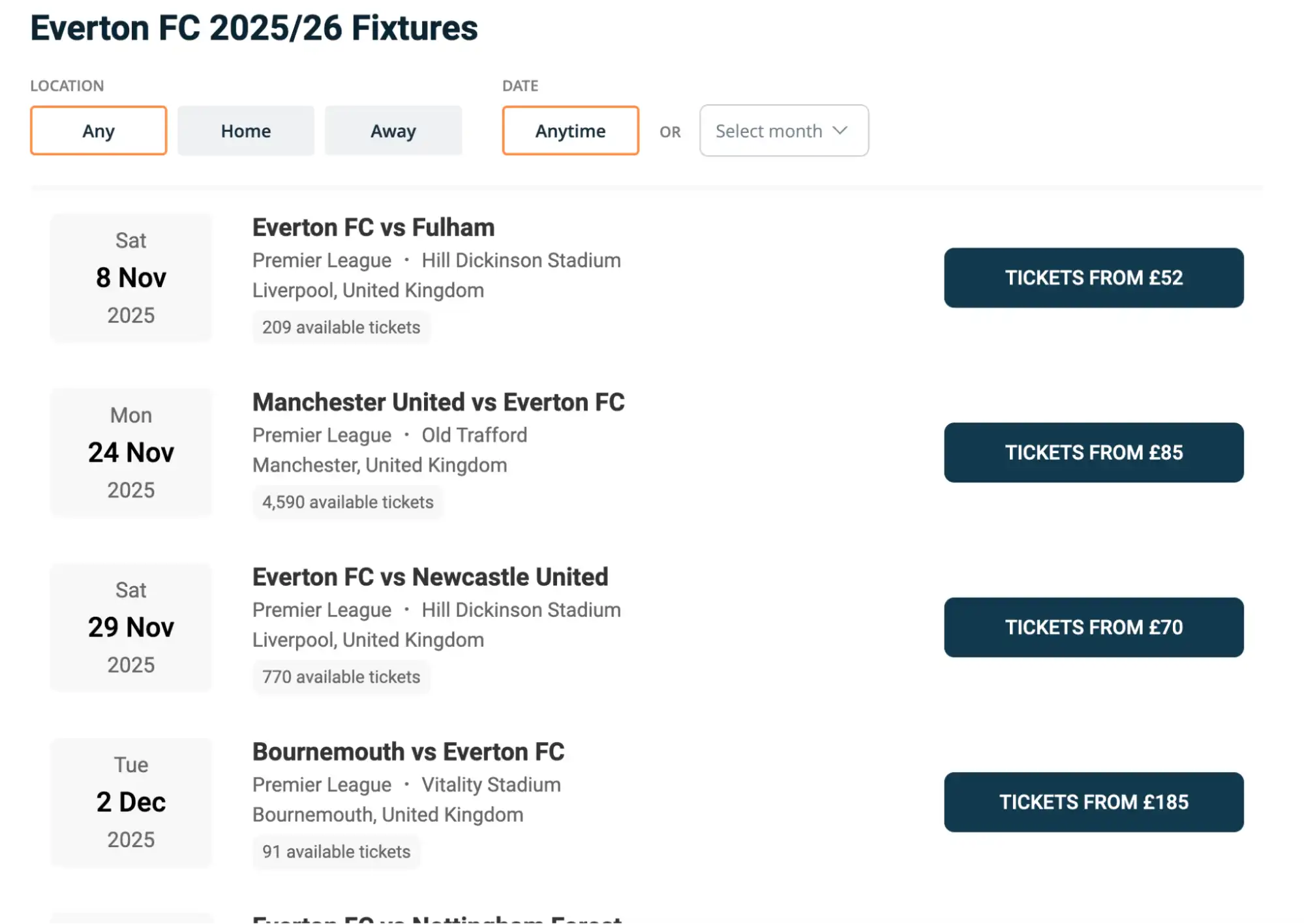 screenshot of Everton FC fixtures on fy-nraig.net