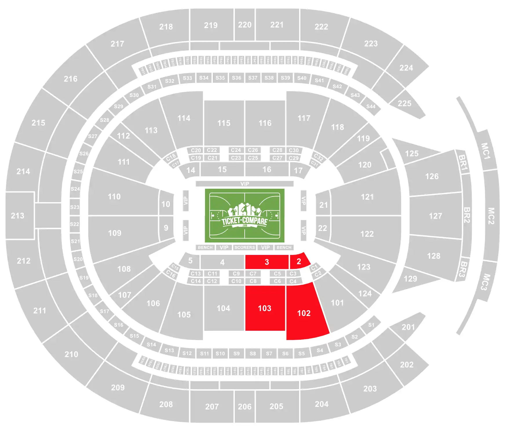 ScreenShot of Chase Center Arena Seating Plan with 2, 3, 102 and 103 sections highlighted