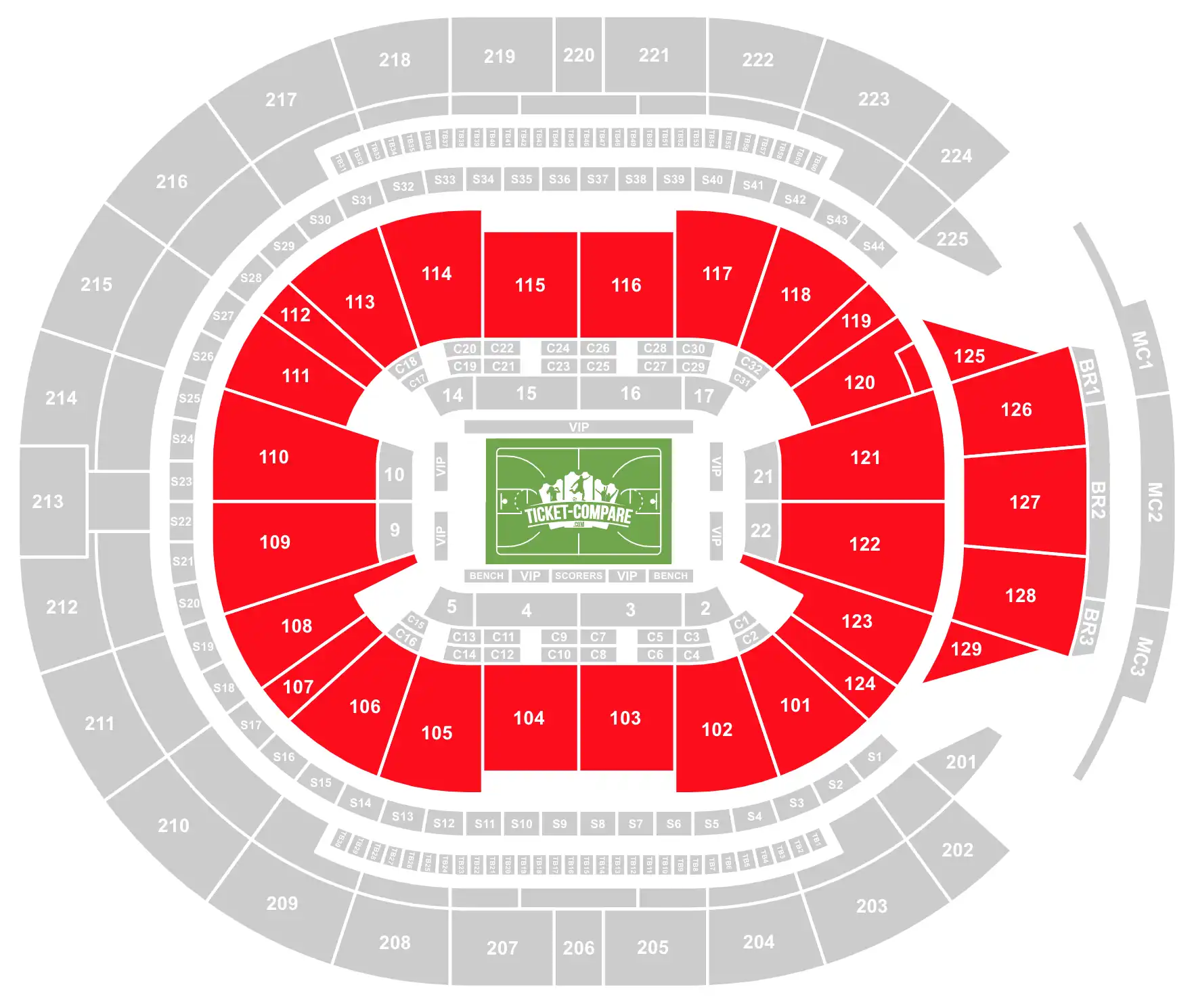 ScreenShot of Chase Center Arena Seating Plan with the 100 Level highlighted