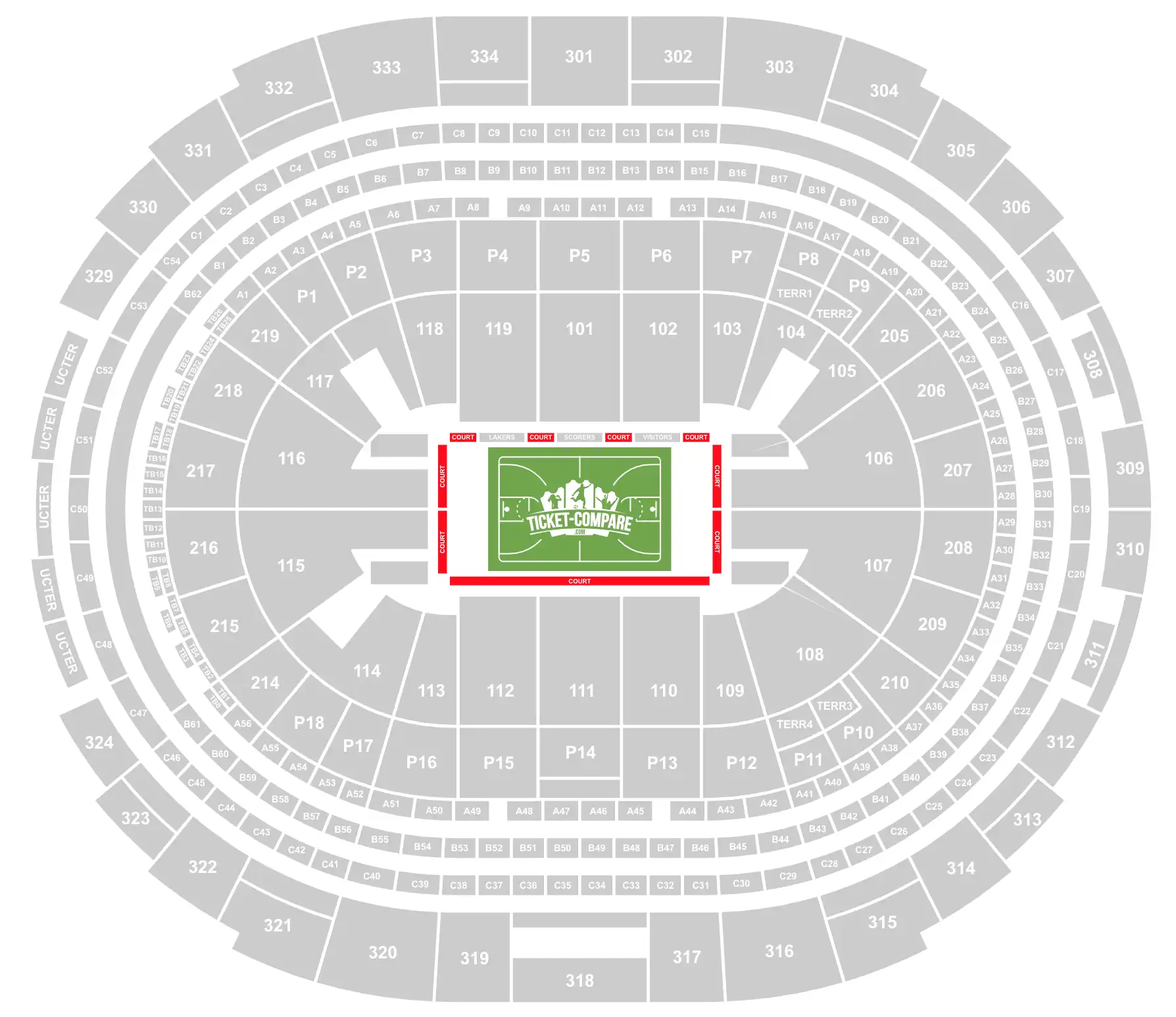 ScreenShot of the Crypto.com Arena Seating plan with Court sections highlighted