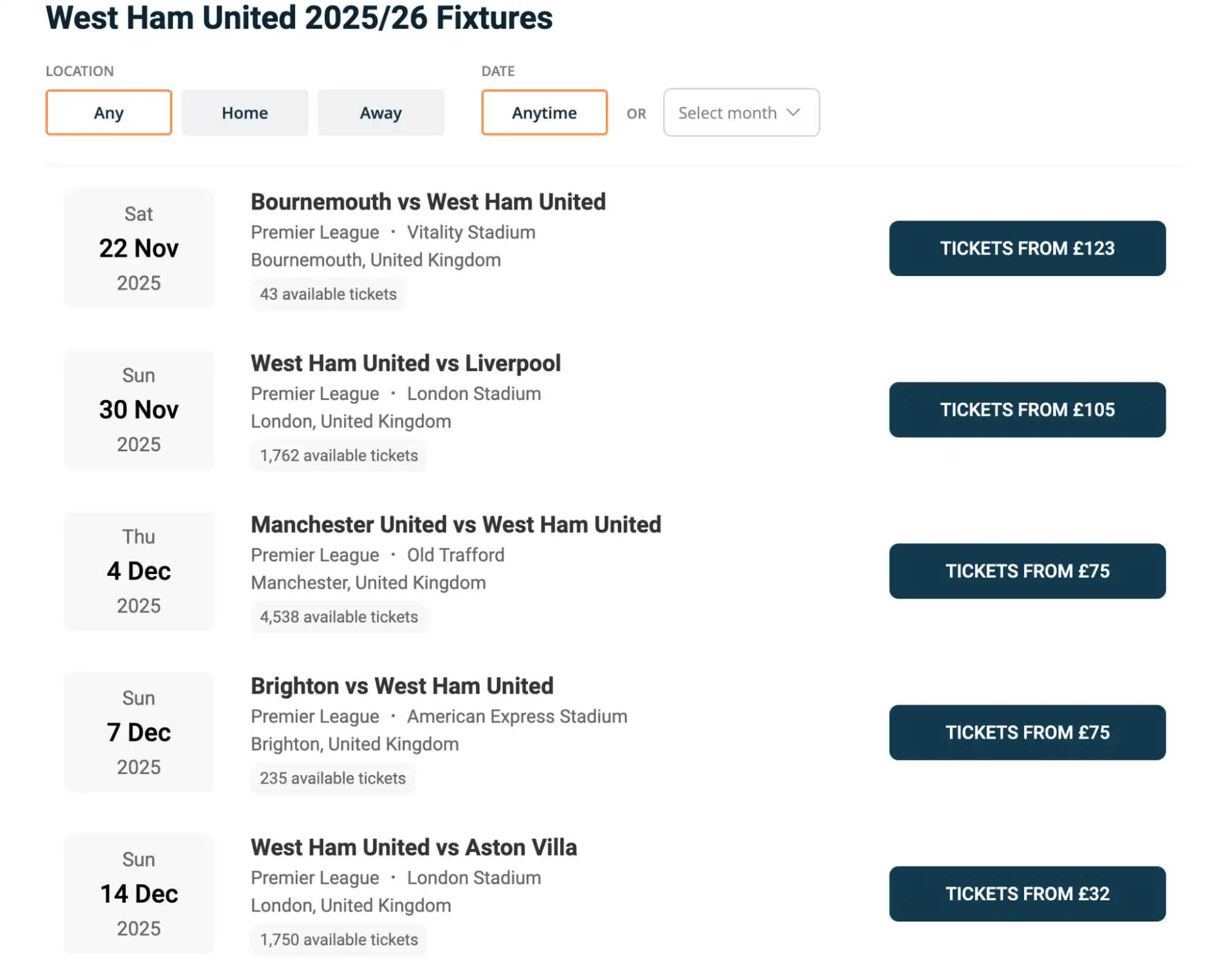 screenshot of West Ham Fixtures on fy-nraig.net