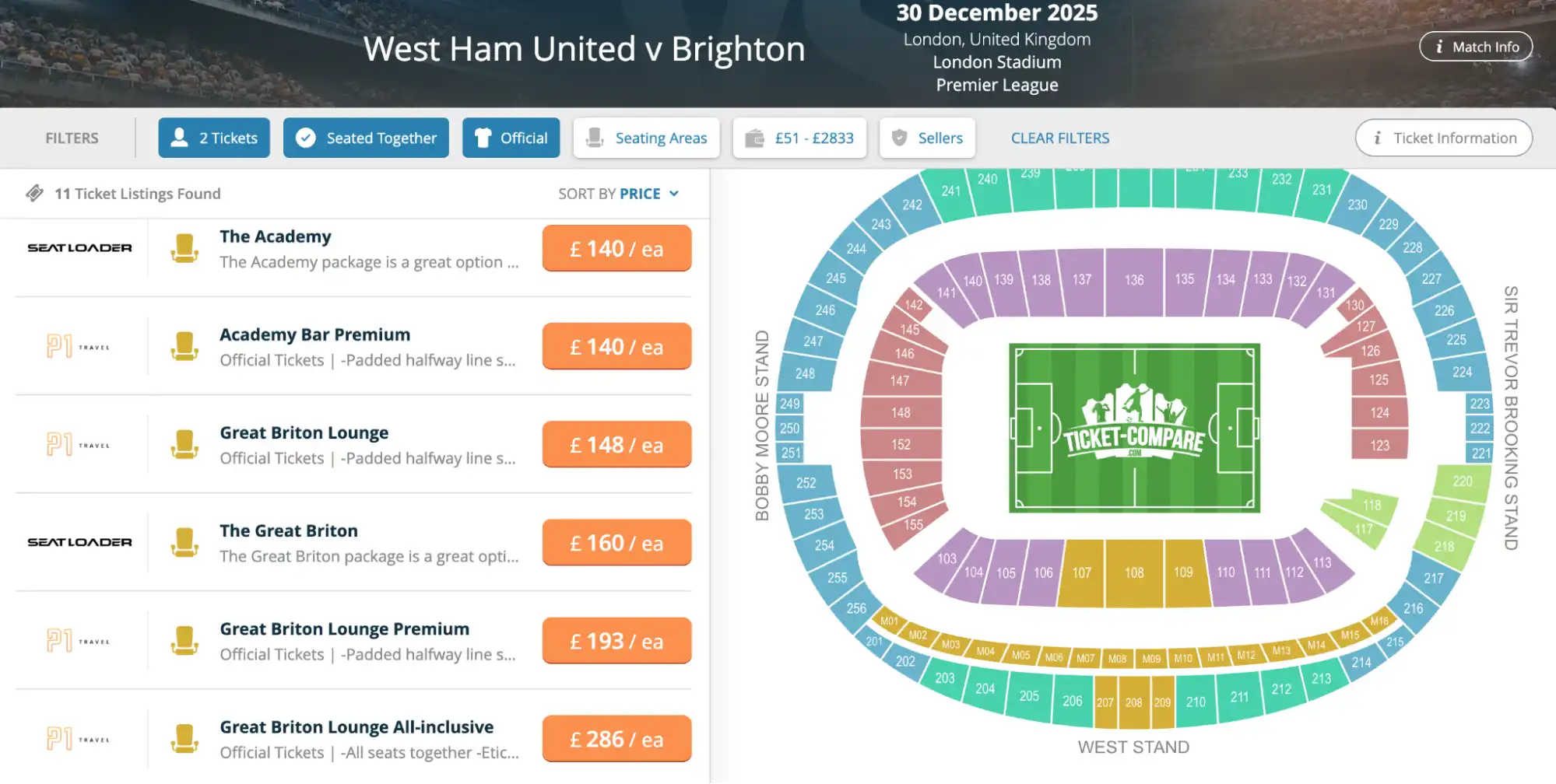 Screenshot of West Ham United v Brighton match tickets on fy-nraig.net