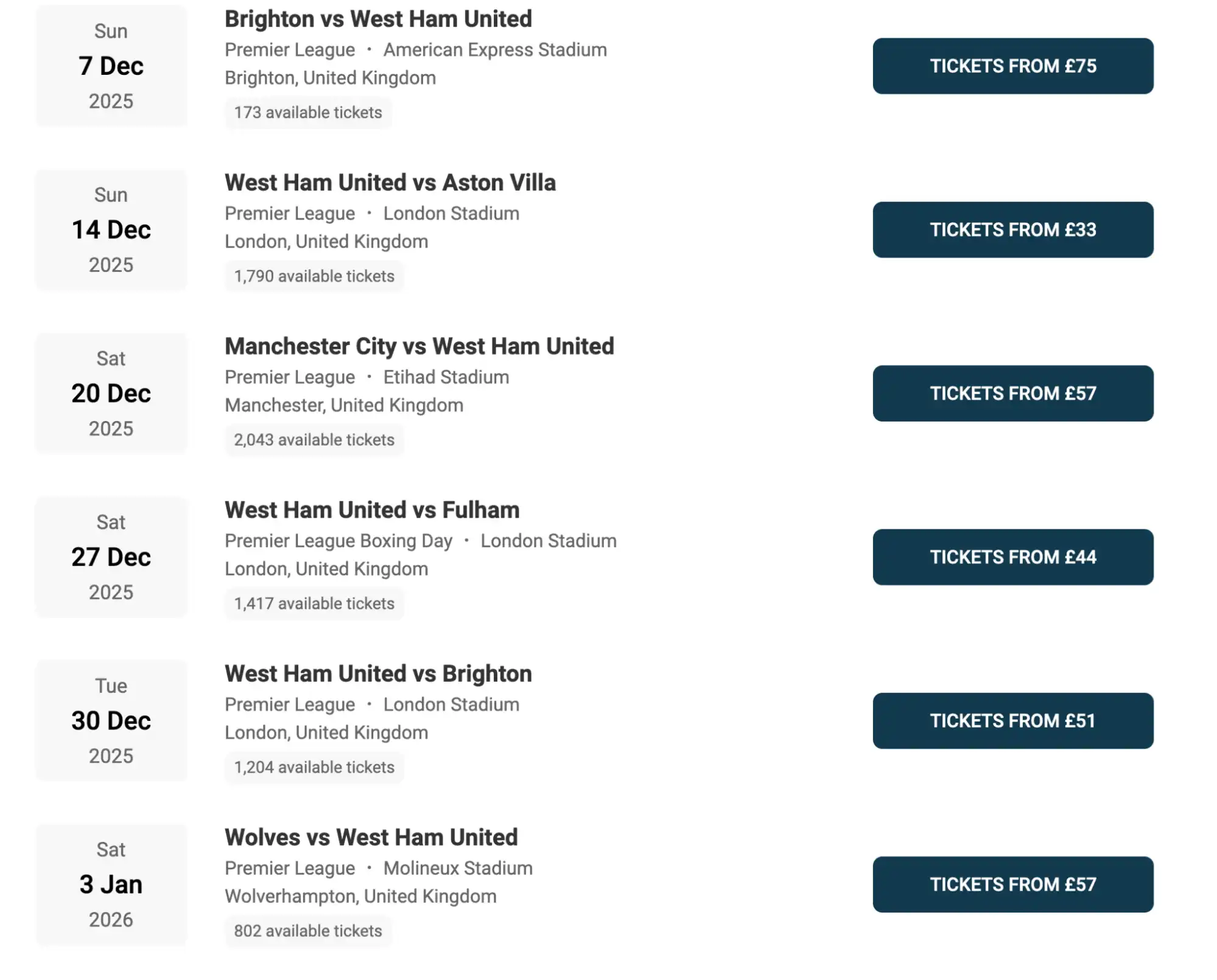 screenshot of West Ham United Fixtures on fy-nraig.net